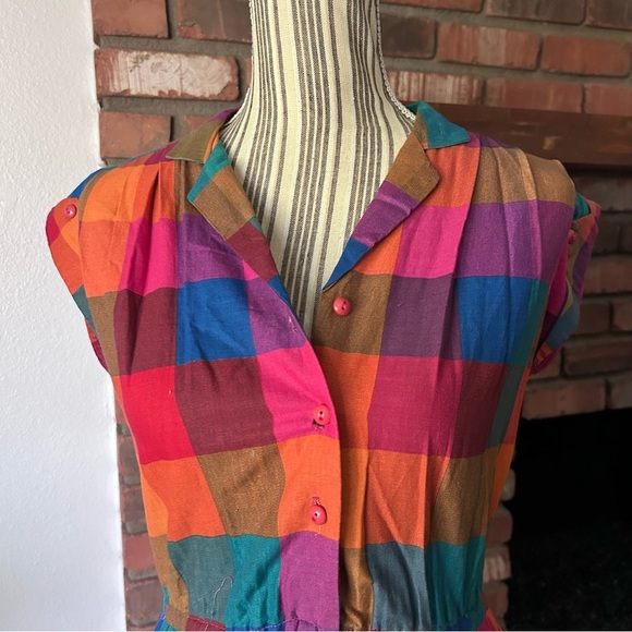 VTG Sandy & Co Rainbow Plaid Fit n’ Flare Midi Dress Sz 9 - Picture 3 of 9